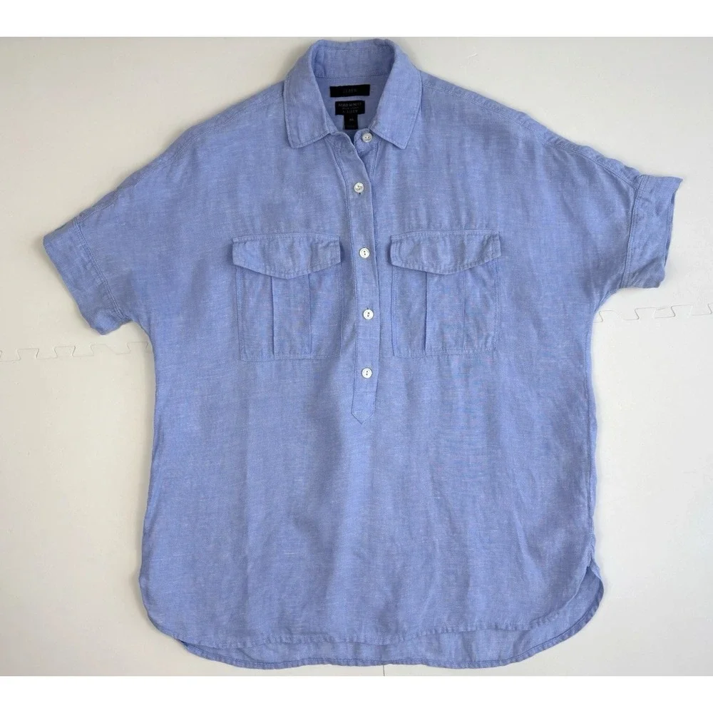 J CREW Linen Shirt Baird McNutt Pure Irish Popover Coastal Beach - Size 00 Blue